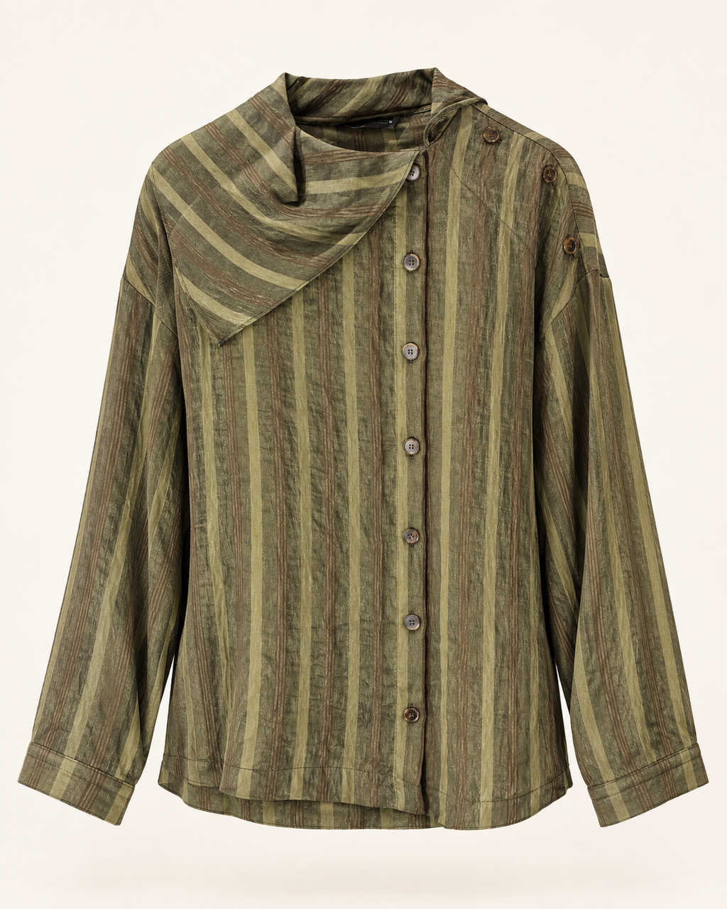 Chemise Bourgogne olive rayée — col drapé et boutons d’épaule