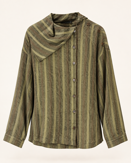 Chemise Bourgogne olive rayée — col drapé et boutons d’épaule