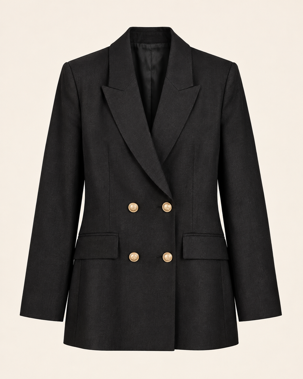 Blazer croisé Habous noir — vue de face, quatre boutons dorés