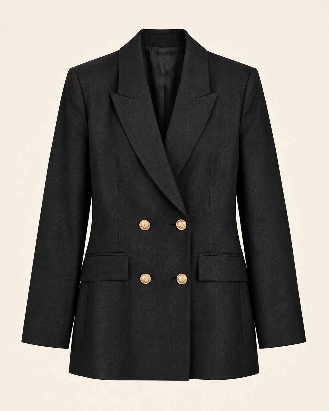 Blazer croisé Habous noir — vue de face, quatre boutons dorés