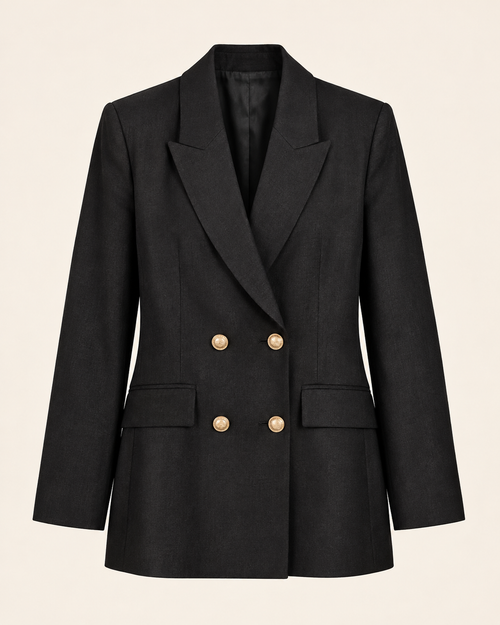 Blazer croisé Habous noir — vue de face, quatre boutons dorés